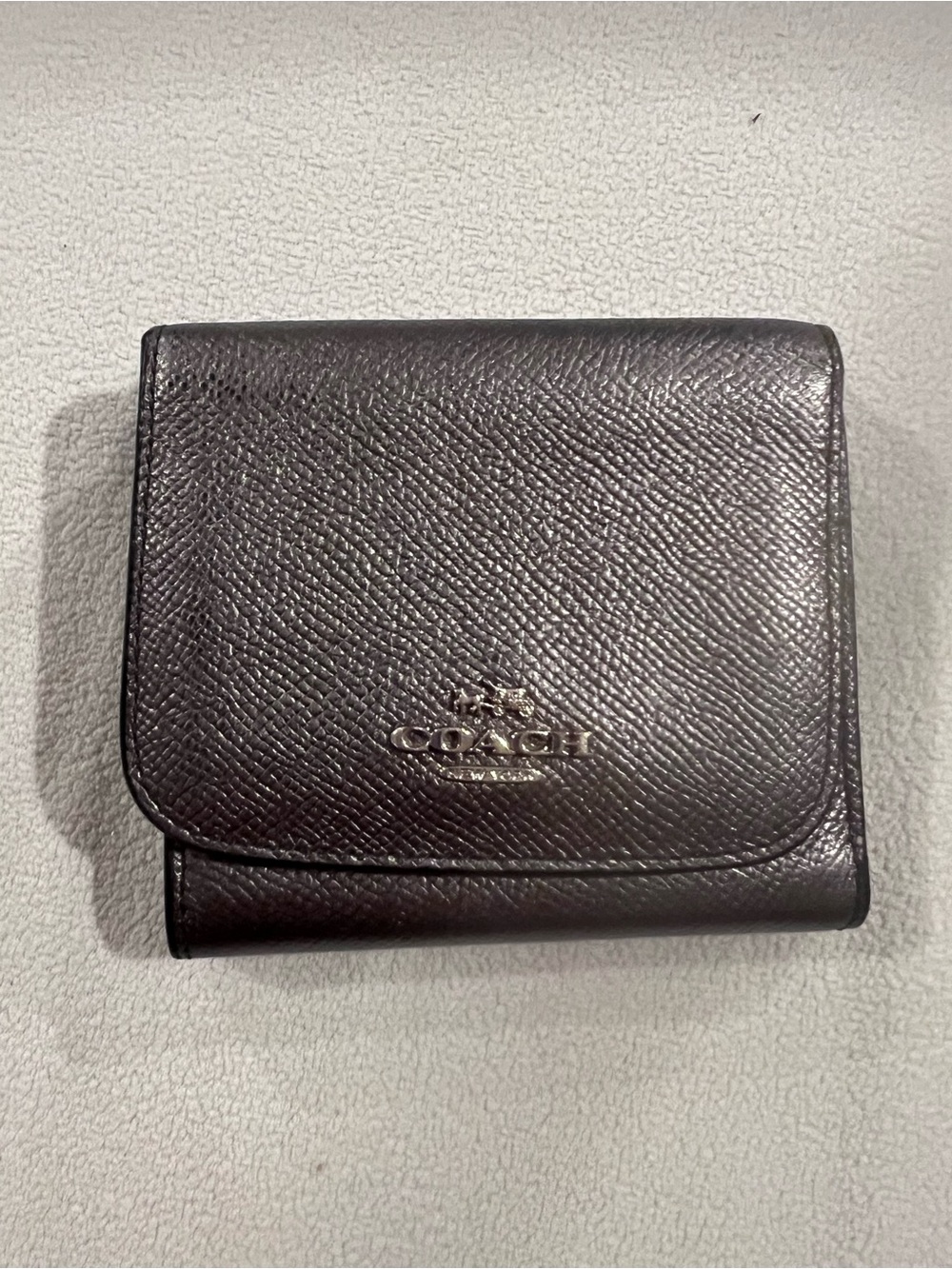 Coach Men's Dark Brown Pebbled Leather Fold Wallet with Silver Logo